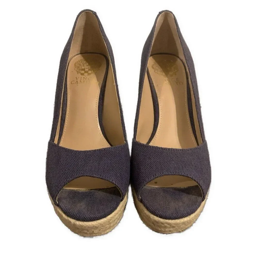 Vince Camuto Womens Blue Beige Espadrilles Wedge Peep Toe 7.5